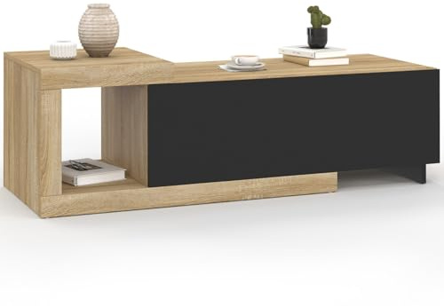 IDMarket - Couchtisch, ausziehbar, Raphael, 100 – 130 cm, Holz und Schwarz | Rechteckig, mit 1 Tür