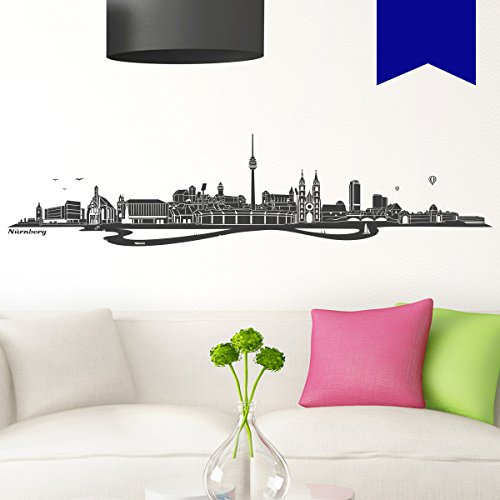 WANDKINGS Wandtattoo - Skyline Nürnberg (mit Fluss) - 100 x 23 cm - Verkehrsblau - Wähle aus 6 Größen & 35 Farben