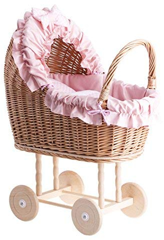 e-wicker24 Alles aus Weide Puppenwagen aus Weide mit Bettwäsche perfekte Geschenkidee Korbpuppenwagen schöner Spielzeug aus Korbgeflecht Korbwagen für Puppen Spielzeug für Mädchen (Pink 2)