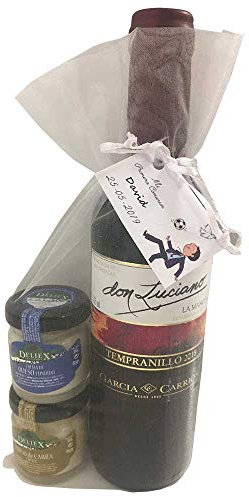 Regalo de vino Don Luciano Cosecha con dos tarros de queso, uno de oveja y vaca y otro de cabra en bolsa de organza (Pack 24 ud)