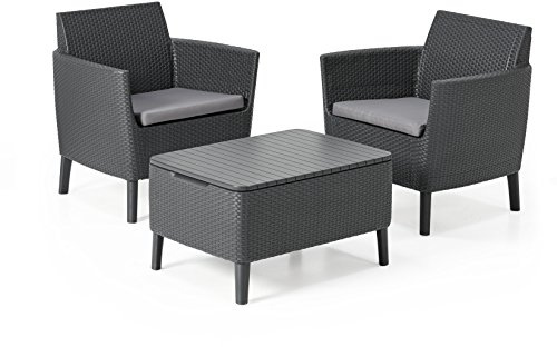 Keter Salemo Balcony Gartenmöbel-Set aus Rattan mit 2 Sesseln und Couchtisch für Kissen, Graphit
