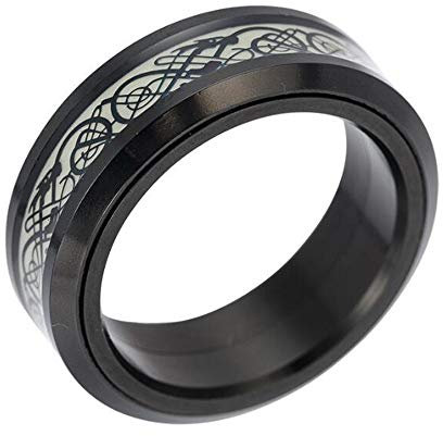 PAURO Herren Edelstahl Schwarz Dragon Luminous Beige Background Inlay Ring 8mm Band Size 52