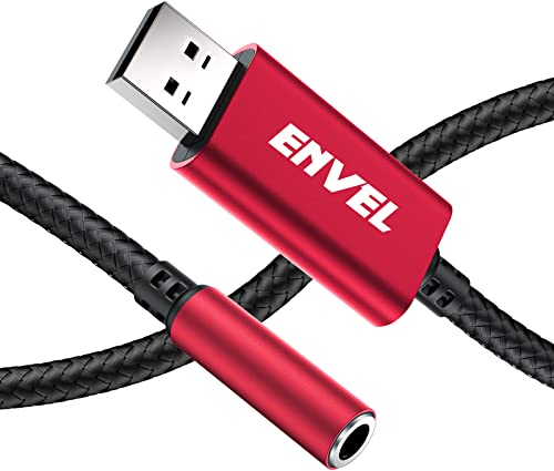 ENVEL Adaptateur USB Jack 3.5mm Audio Carte Son Externe USB vers Jack TRRS 4 Pôle pour Casque Microphone Plug et Play Compatible avec PS4 PC Ordinateur Portable Windows Linux Android Surface, Rouge