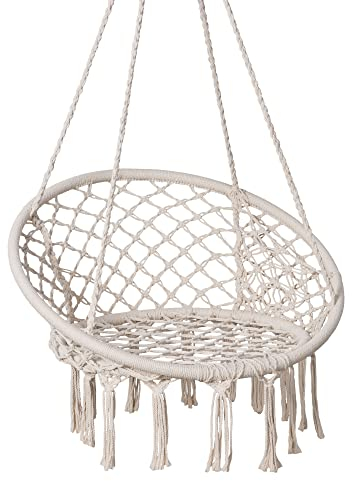 SUNCREAT Hängemattenstuhl Makramee-Schaukel mit Seitentasche, hängende Baumwollseil-Hängematte, Schaukelstuhl für den Innen- und Außenbereich, 150 kg Kapazität, Beige