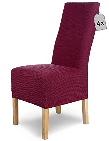 SCHEFFLER-Home Stuhlhussen Stretch Luna-Lang/Stuhlüberzug 4er Set Rot/elastische Flanell Stuhlabdeckungen/Stuhlhussen Schwingstühle/Spann-Bezug Stuhl Überwurf als eleganter Schonbezug