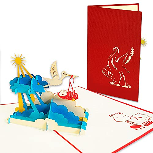 LINPOPUP® Pop-Up Karte Geburt, Klapperstorch Baby 3D Grußkarte zur Schwangerschaft Geburtskarte - Storch & Baby Mädchen Junge in Rot - Überraschungs Klapp-Karte mit 3D Effekt, N265