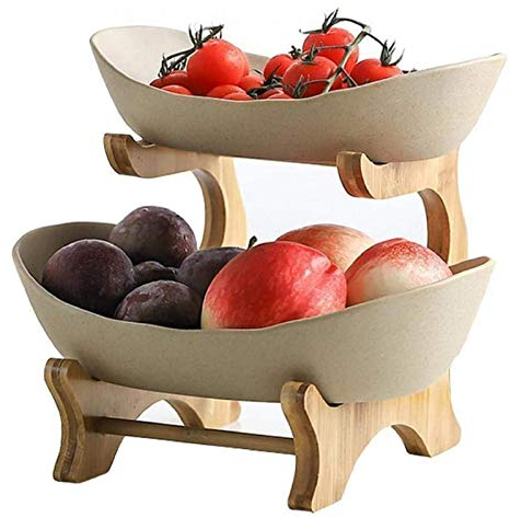 JUNYFFF Portafrutta Alzatina A 2 Piani Porta Frutta Fruttiera Ceramica per Frutta, Verdura, Pane, Snack, Piatti di Frutta, Cesto di Frutta, Verdura, Dolci,Marrone