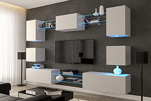 Furnitech Wohnwand Wohnzimmer | Hängend Wohnwand Modern | Wohnzimmer Schrankwand mit Regale und TV Schrank | Wohnzimmer Möbel ohne LED (Nowara AN1-17W-M2-1A-NEW)