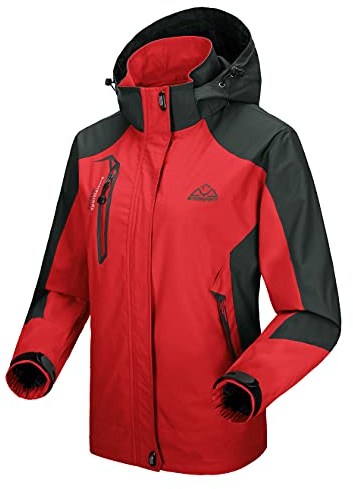 donhobo Damen Wanderjacke Outdoor Jacke Leichte Übergangsjacke Winddichte Jacke Wasserdicht Regenjacke Atmungsaktiv Funktionsjacke mit Abnehmbarer Kapuze (Rot, M)