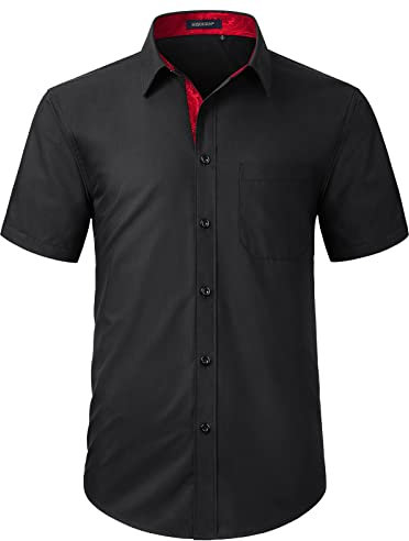HISDERN Men's Short Sleeve Black Shirt Regular Fit Formal Casual Button Down Business Shirt with Chest Pocket,2XL