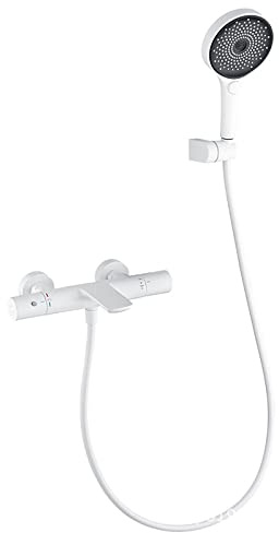 SHUGUANG Robinet de Baignoire avec 3 Modes Douchette à Main, Blanc Thermostatique Mitigeur de Baignoire Laiton Mitigeur de Douche Montage Mural Robinet de Douche avec Tuyau 1.5M