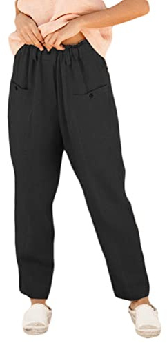Onsoyours Pantalon Femme Lin Taille Haute Elastique Pantalon Large Femme Chic Et Elegant Pantalon Fluide Femme éte Baggy Detente Pantalon F Noir L