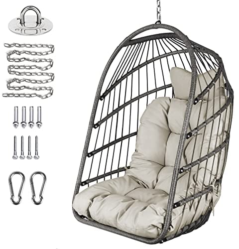 Hängesessel Faltbarer Korb-Hängesitz Rattan-Hängestuhl mit Edelstahl Aufhängeset Kettenglied UV-beständiges Kissen Schlafzimmer Balkon