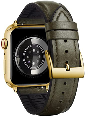 BINLUN Kompatibel mit Apple Watch Armband 42mm 41mm 40mm 38mm Lederarmband Ölwachsleder Silikon Ersatzarmband Passt für iWatch SE3/2/1 Series 11 10 9 8 7 6 5 4 3 2 1(Grün-Gold)