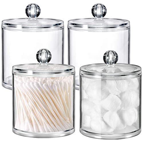 MEETOZ 2 Pack Qtip Holder Dispenser for Cotton Ball, Cotton Swab, Cotton Round Pads, Floss - Clear Plastic Apothecary Jar Set for Bathroom Canister Storage Vanity Makeup Organizer (4 Pack)