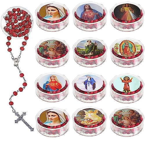 flysclean 24 PCS Wooden Rosary Bead Necklace with Crucifix Scented Red Rosaries Beads with Clear Gift Box Catholic Holy First Communion Baptism Gifts for Girls Boys Women Men