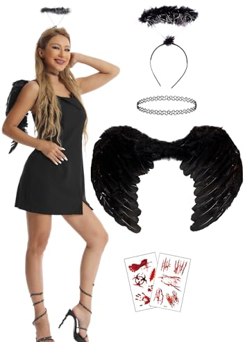 Alas de ángel negro, alas de Halloween negras para mujer, tatuaje adhesivo, cinta de lentejuelas negras, disfraz de ángel caído, disfraz de ángel oscuro