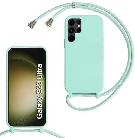 SLWYF Compatible with Samsung Galaxy S23 Ultra Crossbody Lanyard Case, Liquid Silicone Protective Phone Case with Strap Adjustable Neck Cord Necklace Soft Cover for Samsung S23 Ultra, Mint Green