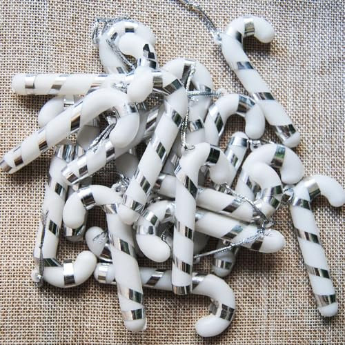 12 Pieces Candy Cane Christmas Tree Decorations Christmas Tree Hanging Baubles Decoration Bauble Xmas Ornament 7cm Candy Stick, Silver