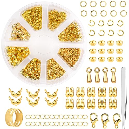 Weysoo Kettenverschluss, 1030 Stück Armband Verschluss Set, enthält Karabiner Verschluss, Biegeringe, Crimpenden, Positionierungsperlen und Verlängerungskette, Schmuck Verschlüsse- Gold