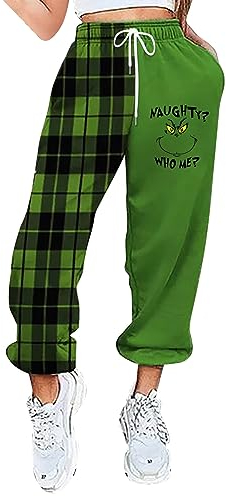 QWUVEDS Grinch Hose Grinch Baumwolle Grinch Plus Size Hose für Damen, grünes Weihnachtsmann-Grinch-Kostüm, Damen-Pyjamahose, gestreifte Damen-Pyjamahose Jogginghose Damen Cargohose Damen