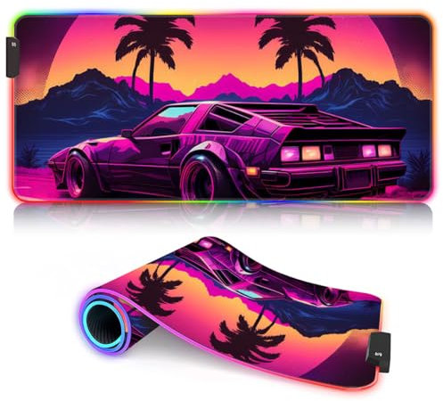 BUBELS Retro wave Car neon RGB Gaming Mouse Pad PC XL Large Extended Glowing Led Light Up Desk Pad Mouse Mat Non Slip Rubber Base Computer Big Mousepad Mat Optimized for Gamer 15.7x35.4inch