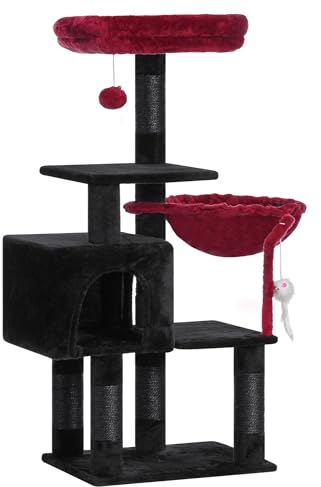 Heybly Cat Tree with Toy, Cat Tower condo for Indoor Cats, Cat House with Padded Plush Perch, Cozy Hammock and Sisal Scratching Posts, Black and Red HCT004SBR