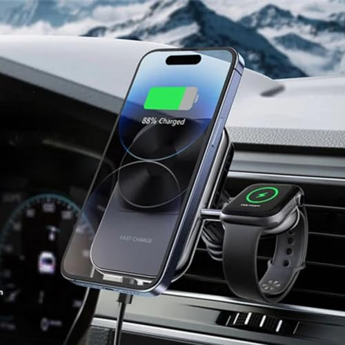 Support de Charge sans Fil pour Voiture 2 en 1, Prend en Charge la Charge QI 15W, pour Grille de Ventilation, Compatible avec iPhone 15/14/13/12 série Apple Watch 1-8 série/Ultra/SE/Hermes (Carré)