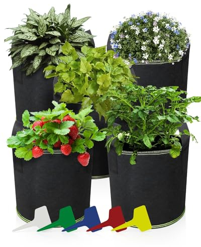 Trongle 5 Pack 10 Gallon Plant Growing Bags, Non-Woven Breathable Fabric Grow Bags with 5 Plant Label and Strap Handles, Reusable Garden Growing Containers for Tomato Strawberry Vegetable Fruit Flower