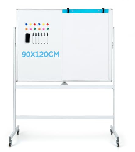 LIFEZEAL Tableau Magnétique Double Face Pivotant à 360°,Tableau Blanc sur Pied 120x90cm avec Hauteur Réglable 161/181cm,Tableau Effaçable à Roulettes pour Enfants, Adultes (Blanc, 120x90cm)