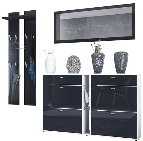 Vladon Garderoben-Set Orlando mit Schuhschrank, Made in Germany, Wandpaneel und Wandspiegel, Weiß matt/Schwarz Hochglanz