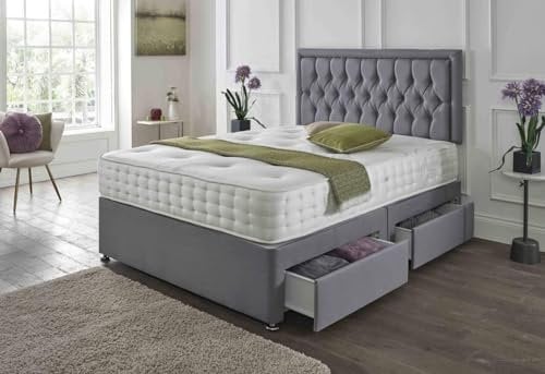 BEDS PLANET Divan Bed with ‎Crushed Velvet Fabric Chesterfield 20 inch Headboard, Modern Bed with 2 Storage Drawers, Comfortable Bed Set with 10 inch Spring Memory Foam Mattress (Grey, 3FT Single)