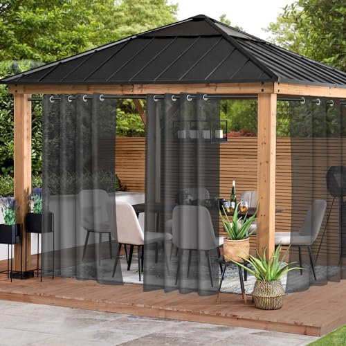 BTTO Waterproof Sheer Outdoor Curtains,4 Panels Grommet Indoor Voile Sheer Curtains,Garden Patio Gazebo Curtains Porch Pergola Cabana