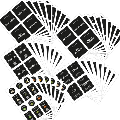 231 Étiquettes pour la Maison Noires Pack Complet, imperméables, en français, rangement et organisation de cuisine, accessoire salle de bain, etiquettes autocollantes bocaux/organisateur cuisine
