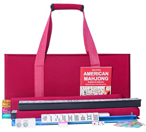 ZGME American Mahjong Set,166 White Tiles with Red Bag and Accessories,4 All-in-One Mahjong Racks with Pushers,Complete Western Mahjong Set