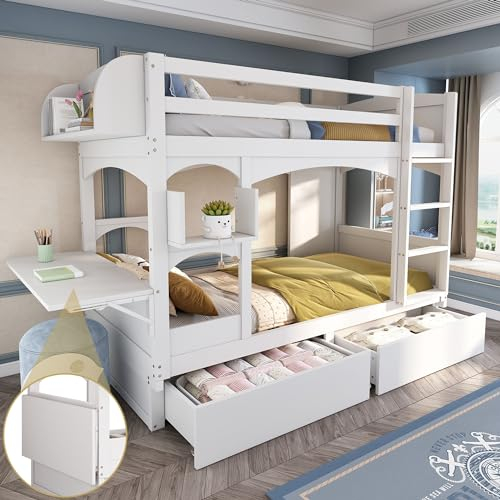 KecDuey Letto a castello per bambini, 90 x 200 cm, letto matrimoniale, con scrivania pieghevole e mensola, con scala e 2 cassetti, senza materasso, legno massello, bianco