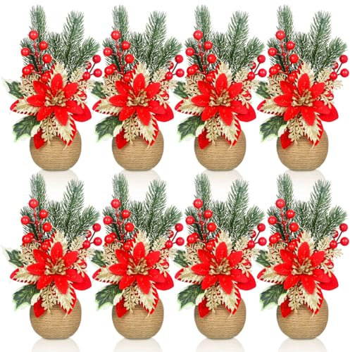 Zeyune Künstliche Weihnachtssterne mit roten Tannenzapfen, Weihnachtsstern und Stechpalmenbeeren, Seidenblumenarrangements, dekorativer Topf, Grün, Urlaub, Heimdekoration, 8 Stück