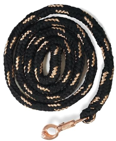 Führstrick Pferd mit Panikhaken Rosegold Pferde Strick Länge 2m viele Farben mit Glitzer (Schwarz-Gold)
