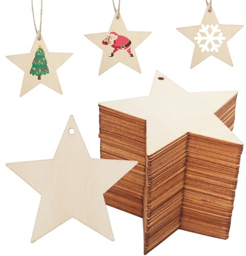 DLUSZERT 72Pcs Christmas Wooden Star Ornaments for Crafts, 7CM Unfinished Wooden Stars Embellishments with Hole, Wood Star with 10M String, Blank Hanging Stars for Christmas Tree Decoration