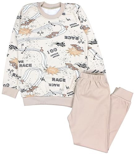 TupTam Kinder Jungen Pyjama Schlafanzug Set Langarm Nachtwäsche 2-teilig, Farbe: Rennwagen Beige, Größe: 104