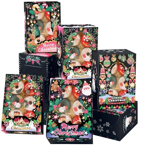 Gcardist Weihnachten Keksboxen mit Fenster, 12 Stück, 15x21x6,85cm, Backbox im Schwarz-Pink-Design, Gebäckbox für Weihnachten