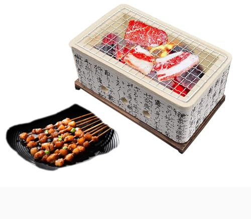 Yiustldd Japanese Ceramic Hibachi Table BBQ Grill, Yakitori Charcoal Portable Barbecue Stove with Wire Mesh Grill and Base for Outdoor Camping