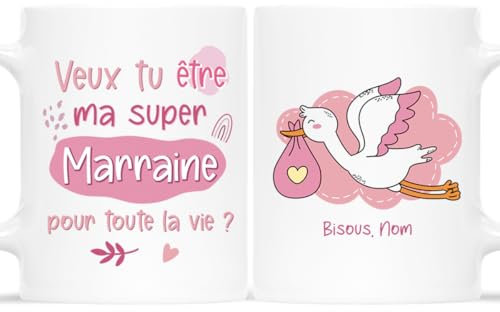 𝗖𝗔𝗗𝗘𝗔𝗨 𝗣𝗟𝗨𝗦 Mug Personnalisé Prénom - Veux Tu Être Ma Super Marraine Pour Toute La Vie ? - Cadeau Marraine, Cadeau Parrain Marraine Bapteme, Cadeau Marraine Personnalisé, Tasse Marraine