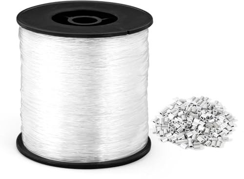 0,8MM Nylonfaden Transparent Reißfest, 300M Monofile Angelschnur mit 200 Aluminium-Crimphülsen, Starker Nylonschnur für DIY Crafting, Angel, Basteln, Schmuck, Aufhängen Unsichtbarer Faden