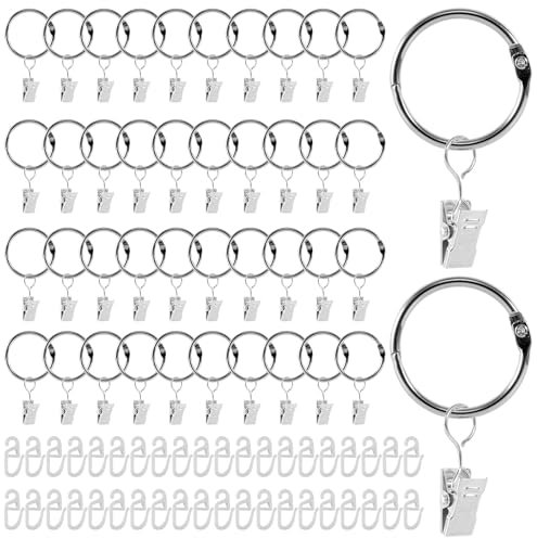40Pcs Curtain Rod Ring Clips Set, 35mm ID Metal Drapery Ring Clips, Rustproof Hanger Ring Hook Clip, Shower Blind Clip Rings with S Plastic Hooks, Curtain Hangers Clips for Window Bathroom Kitchen