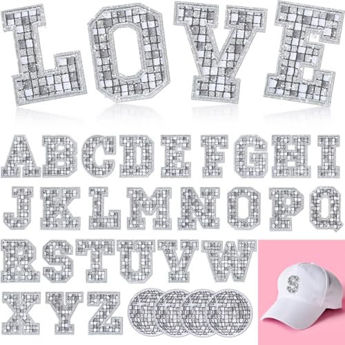 Lyrow 30 Pcs Disco Ball Iron on Patch A-Z Letters Embroidered Applique Western Patches Music Party Bling Ball Iron on Applique for DIY Clothing Backpack T Shirt Jeans Skirt Hat Bag