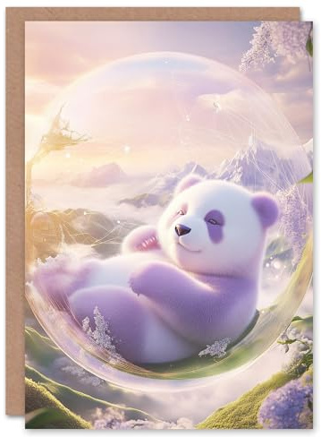 Artery8 Greeting Card Purple Baby Panda Bear in Bubble Fantasy Art For Child Kids Birthday Card