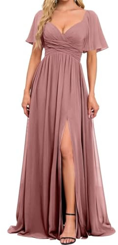 HPPEE Abiti da damigella d'onore con apertura per le donne a pieghe lungo formale abito da sera, Rosa antico, 60 Grande