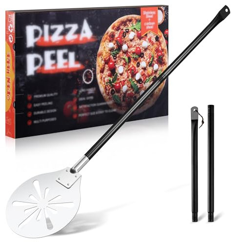 TEAMFAR Pizzaschieber, 20,3 x 22,7 x 110 cm Perforierter Edelstahl Pizzaschaufel Pizza Schieber, Rund Großer Fläche & Abnehmbaren Griff zum Leichten Gleiten auf Pizzastein, Spülmaschinenfest