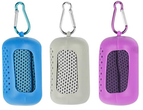 TIVUNORON Kühlendes Handtuch, 3 Stück Kühlhandtuch Cooling Towel, Kühlende Handtücher, Mikrofaser Kühltücher Hals mit Tragbaren Silikonhüllen, Blau, Grau, Lila